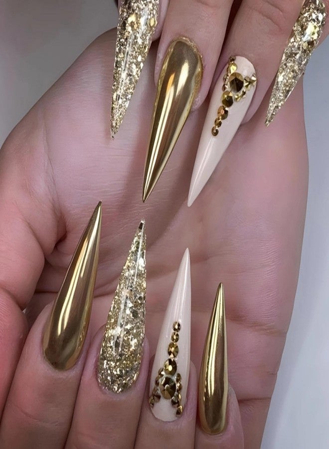 Maigitur Gold Press on Nails Long Stiletto Fake Nails with Design Golden Glitter Glue on Nails Rhinestone Fake Nails Glossy Reusable Artificial Gold Nails for Women Girls Manicure 24pcs - Image 1